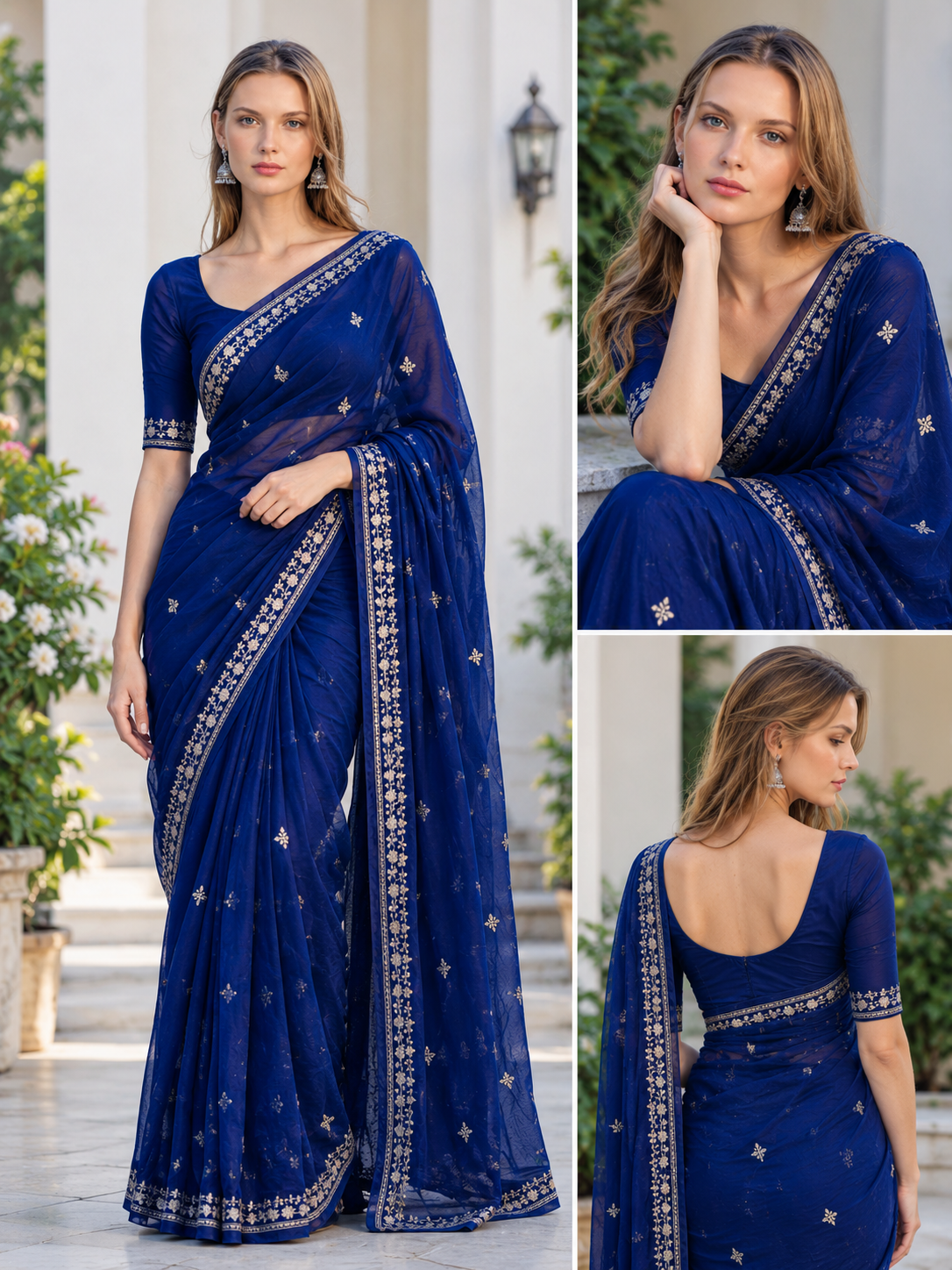 Royal Blue Embroidered Saree - Image 2